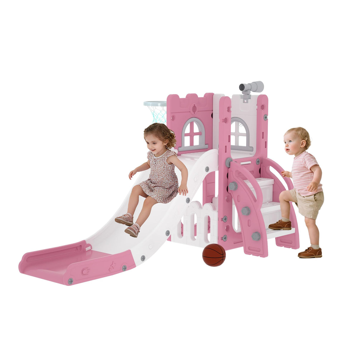 6-in-1 Toddler Slide Play Set for Ages 1–3,Multi-Functional Indoor Outdoor Kids Slide with Basketball Hoop&Telescope,L-Shaped Children Slidem,Grey
