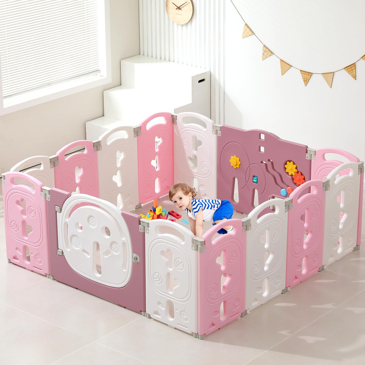 14-Panel Portable Plastic Playpen,Safe Activity Fence for Toddlers,Blue