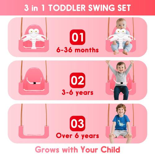 Kids Swing Set,3-in-1 Design with Safety Belt,Sturdy Metal Stand,Easy Quick Assembly,Indoor & Outdoor Suitable for Backyard,Playground and Nursery,Pink