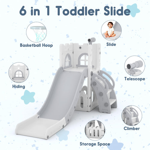 6-in-1 Toddler Slide Play Set for Ages 1–3,Multi-Functional Indoor Outdoor Kids Slide with Basketball Hoop&Telescope,L-Shaped Children Slidem,Grey